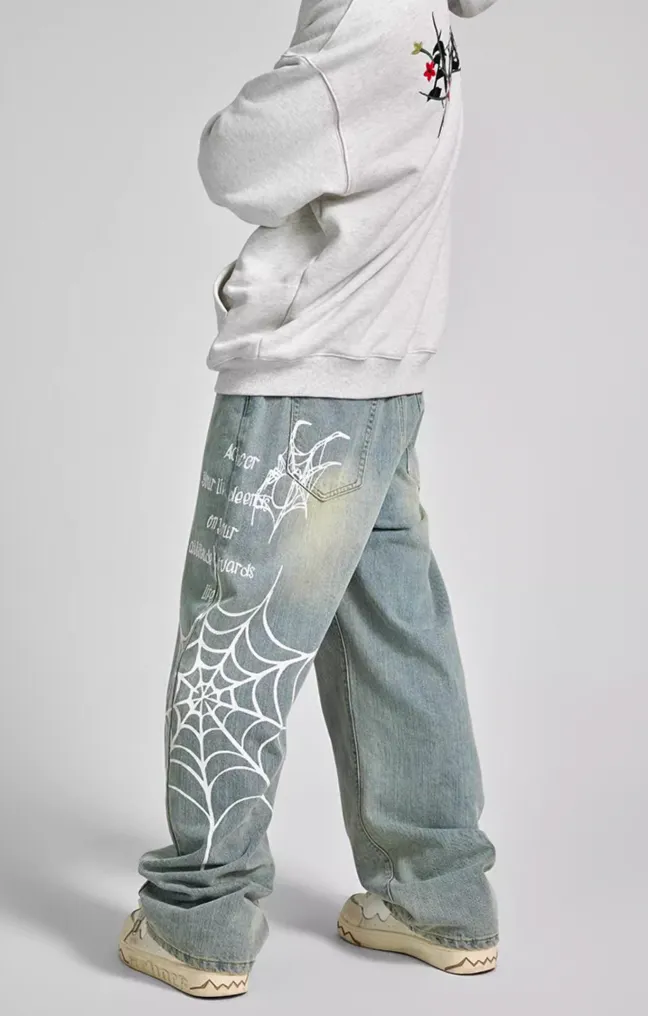 Achock Spider Web Print Denim Jeans