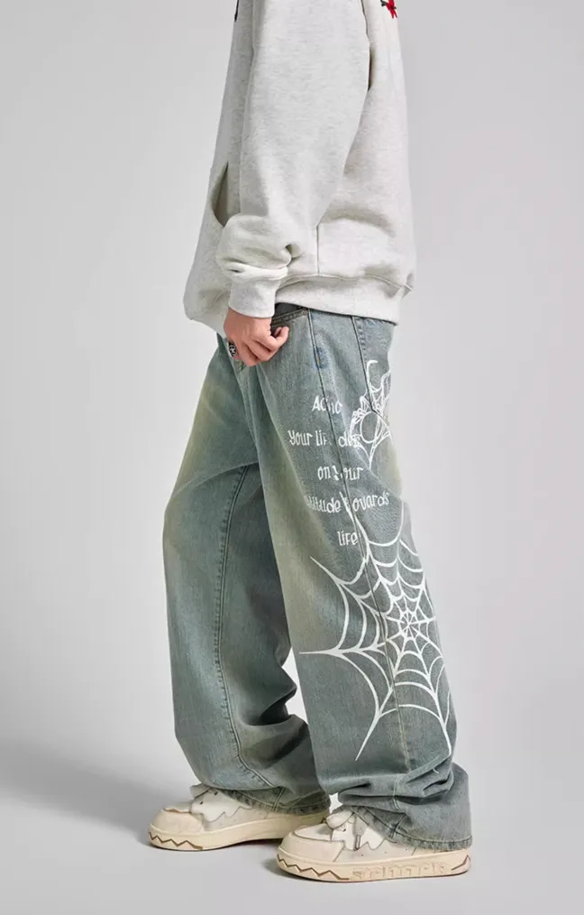 Achock Spider Web Print Denim Jeans