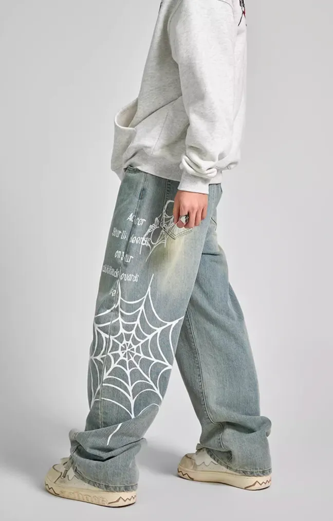 Achock Spider Web Print Denim Jeans