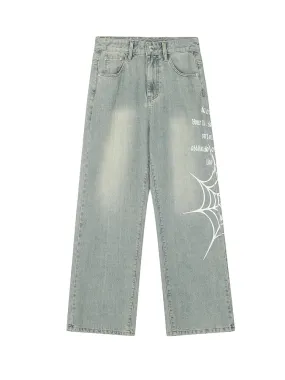 Achock Spider Web Print Denim Jeans