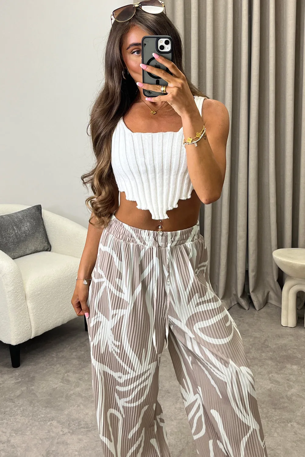 Aubrey Beige Tropical Print Plisse High Waisted Wide Leg Trousers