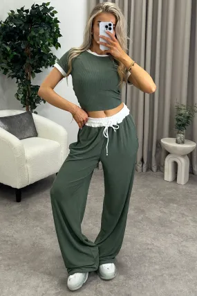 Brandi Khaki Contrasting Trim Ribbed Crop Top and Trousers Co-Ord Set