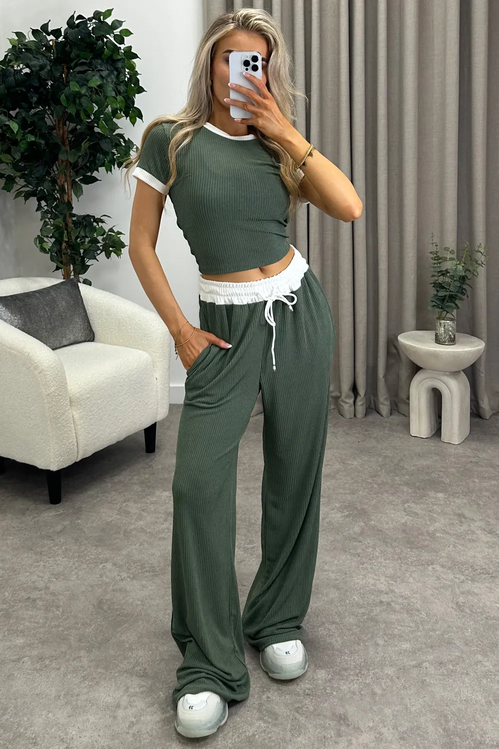 Brandi Khaki Contrasting Trim Ribbed Crop Top and Trousers Co-Ord Set