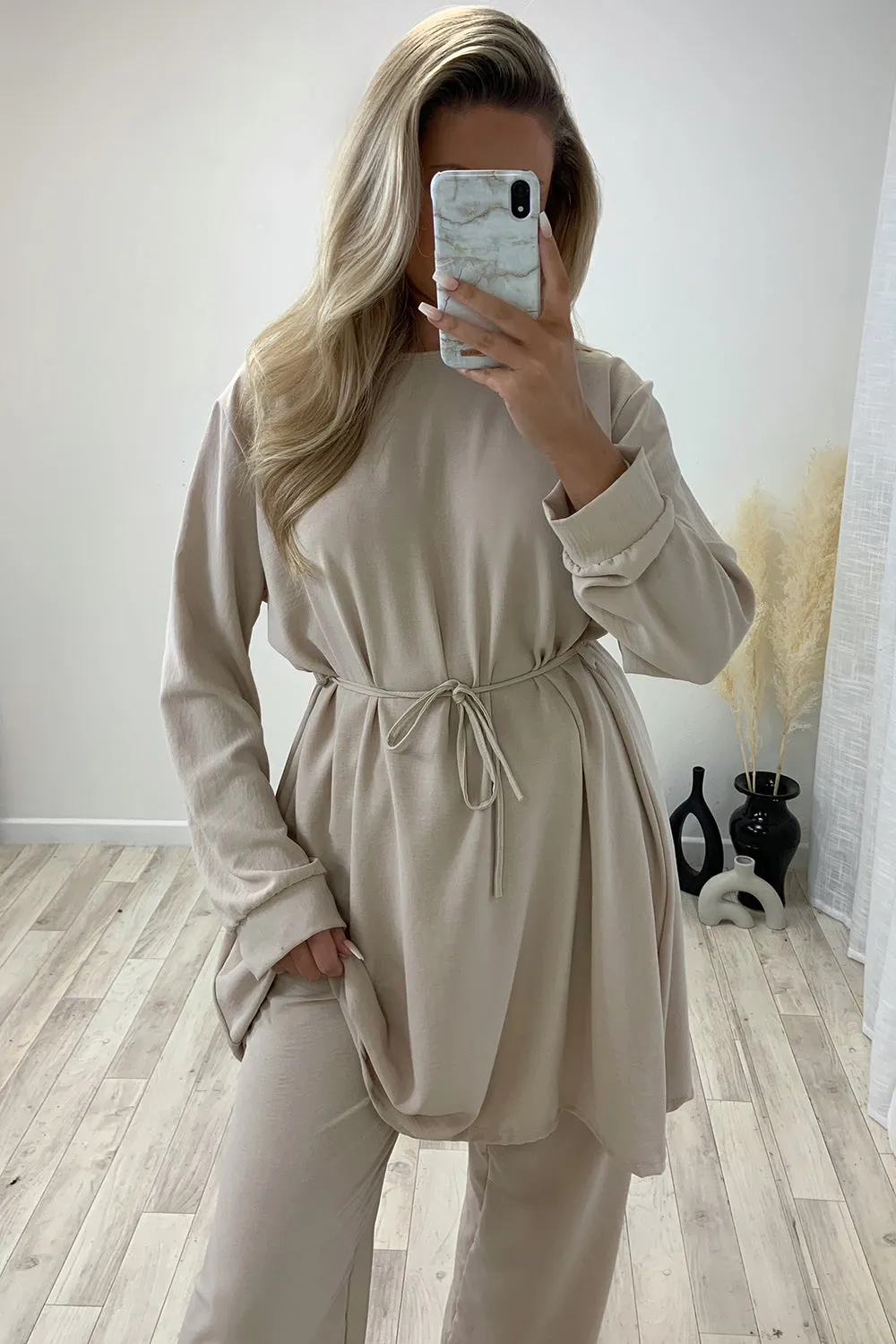 Chiara Beige Oversized Belted Top and Trousers Co-Ord Set