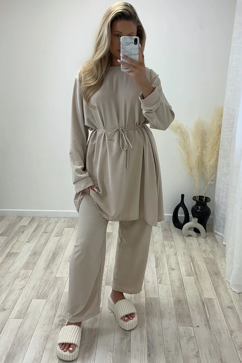 Chiara Beige Oversized Belted Top and Trousers Co-Ord Set