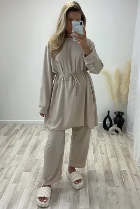 Chiara Beige Oversized Belted Top and Trousers Co-Ord Set