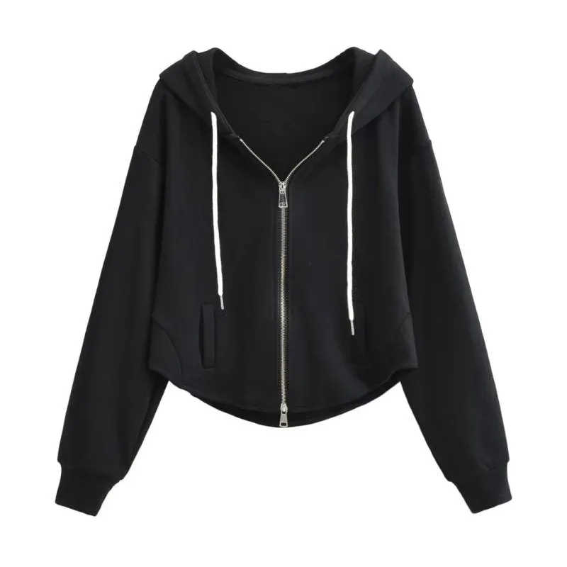 Double Headed Zipper Drawstring Hoodie Women Clothing Curved Hem Hoodie Warm