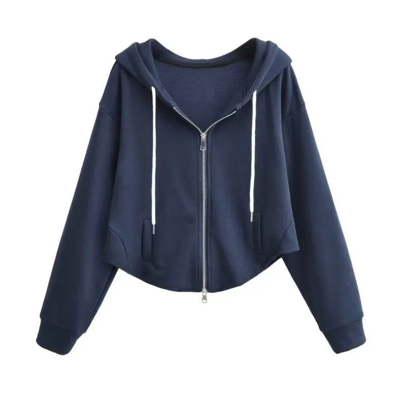 Double Headed Zipper Drawstring Hoodie Women Clothing Curved Hem Hoodie Warm