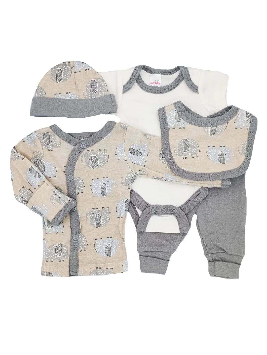 Elephant Print 5 Piece Set - Vest, Top, Trousers, Bib & Hat