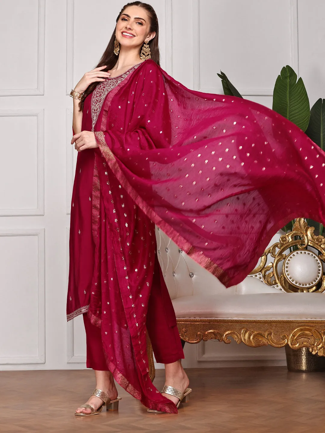 Ethnic Motifs Embroidered  Straight Kurta With Trousers & Dupatta