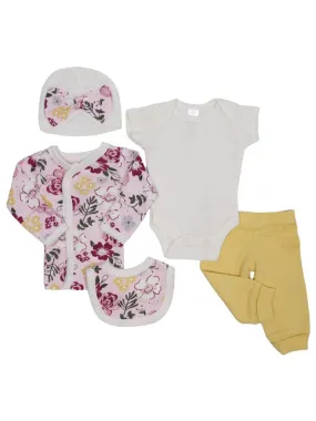 Floral Print 5 Piece Set - Vest, Top, Trousers, Bib & Hat