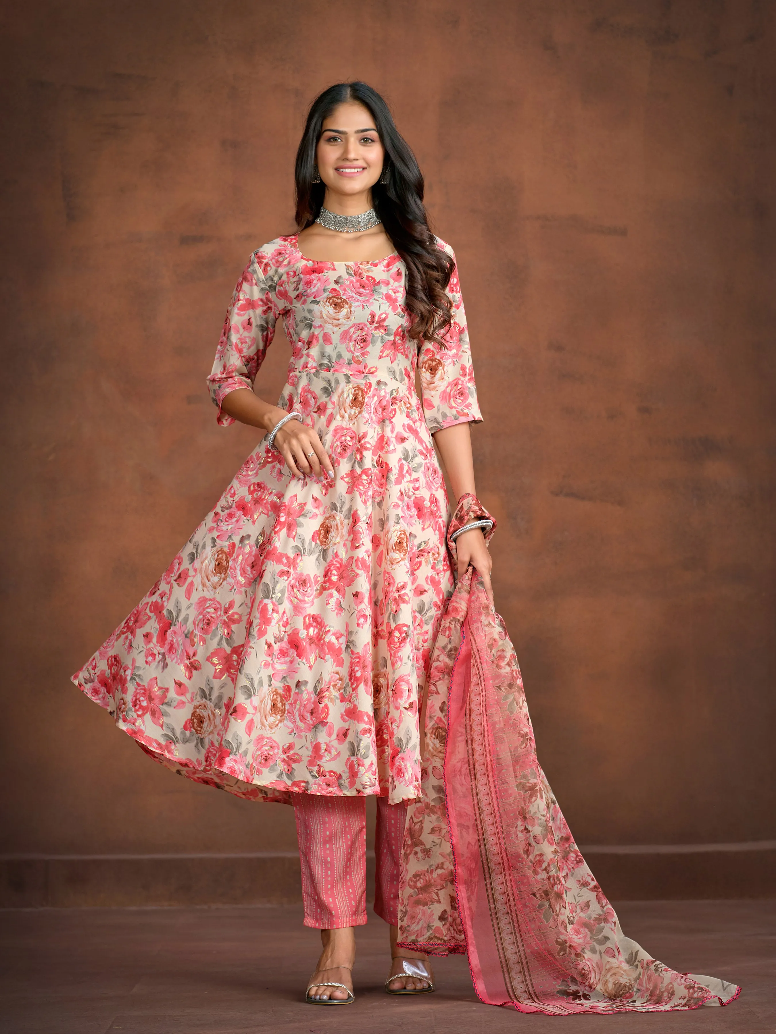 Floral Printed A-line Kurta with Trousers & Printed Dupatta