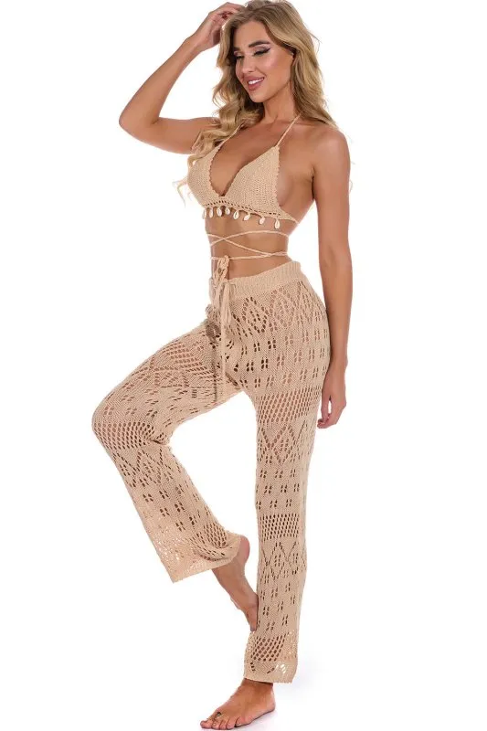 Hand Crochet Hollow Out Cutout out Strap Beach Pants Women Casual Trousers