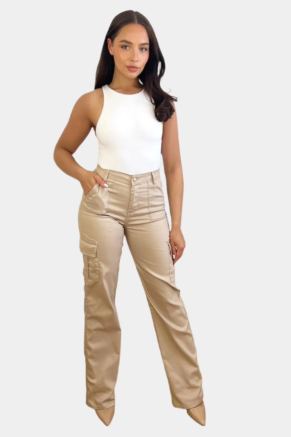 High Waisted Wide Leg Stretchy Cargo Trousers