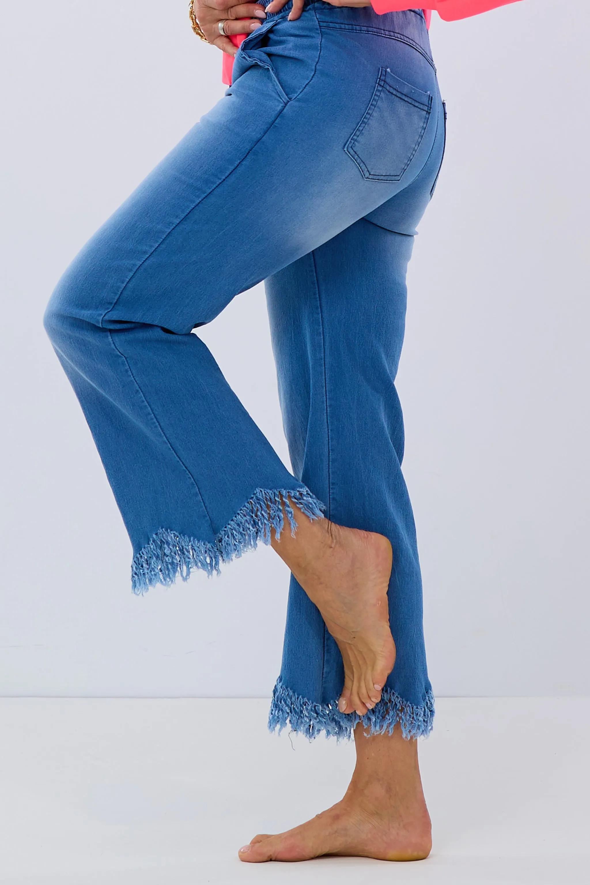 Jeans Schlupfhose mit Fransen, dunkelblau