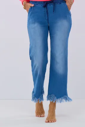 Jeans Schlupfhose mit Fransen, dunkelblau