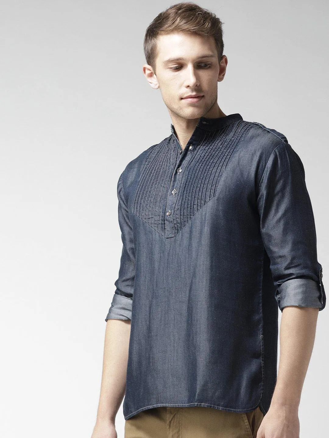 Men Navy Solid Straight Kurta