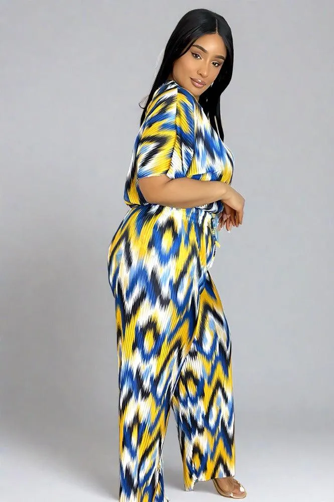 Multicolour Zig Zag Pattern Plisse Top And Trousers Set