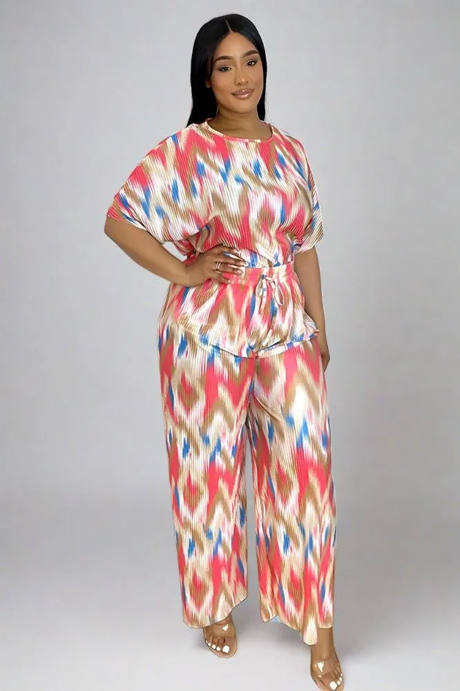 Multicolour Zig Zag Pattern Plisse Top And Trousers Set