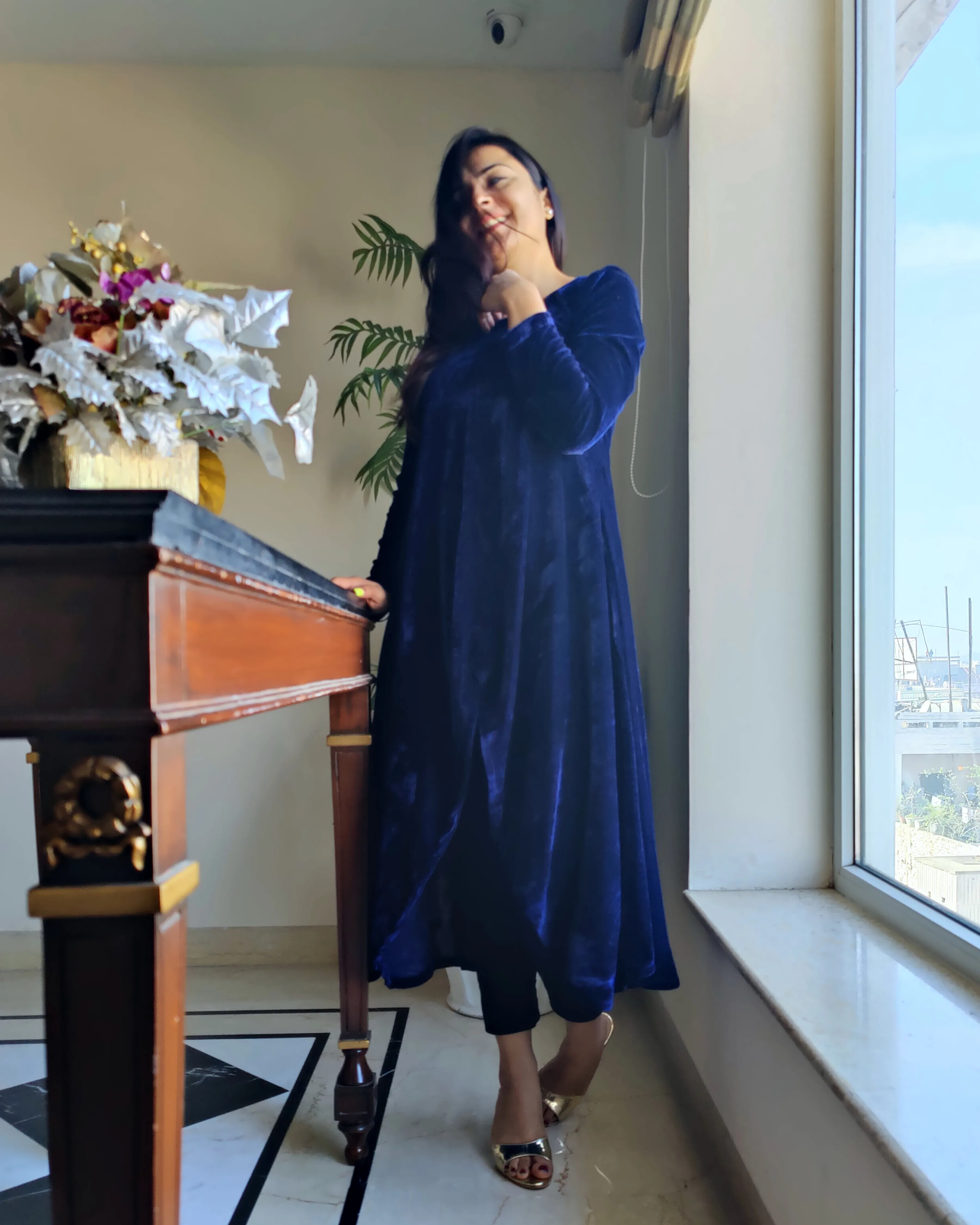 Navy Asymmetrical Velvet Kurta For Women