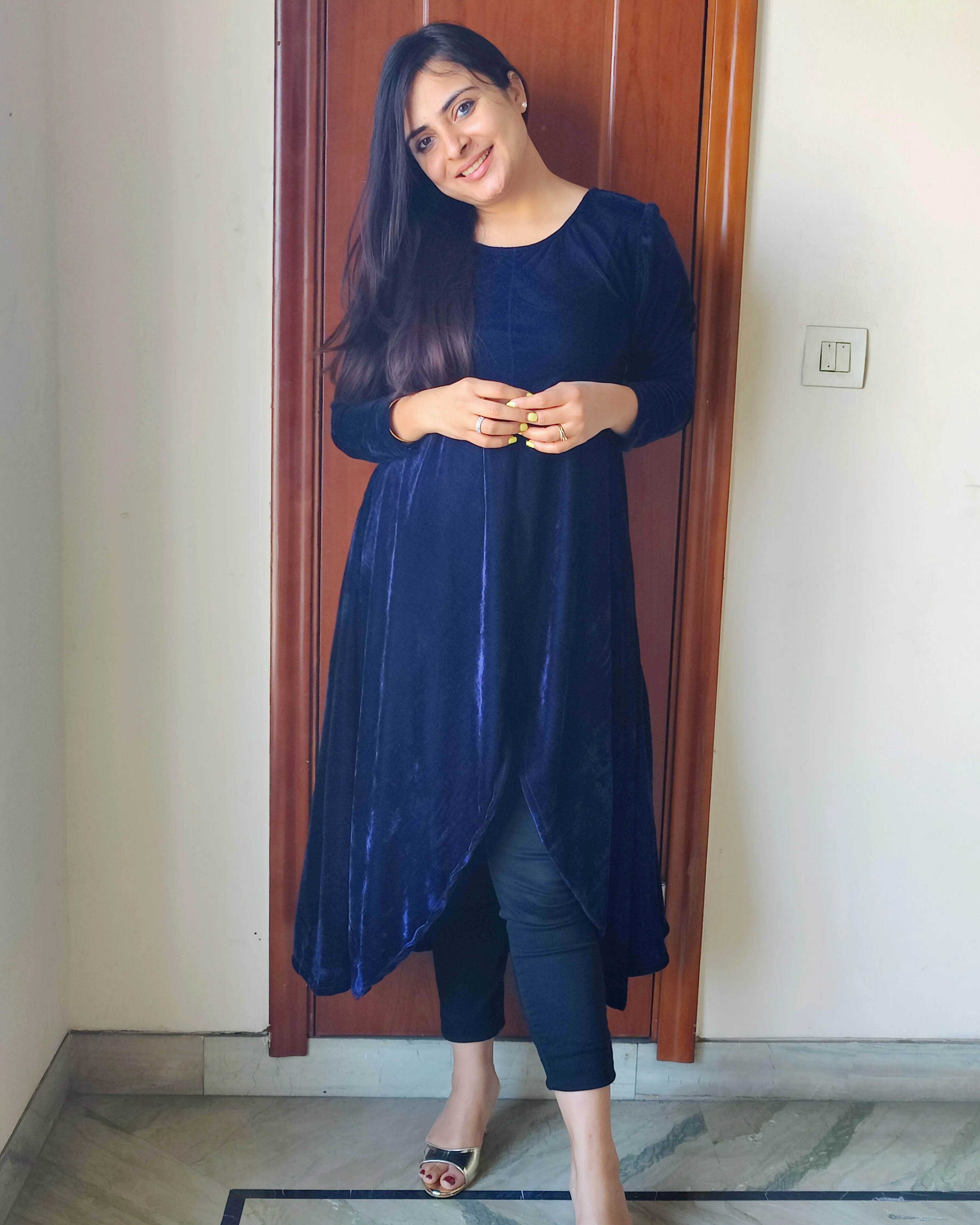 Navy Asymmetrical Velvet Kurta For Women