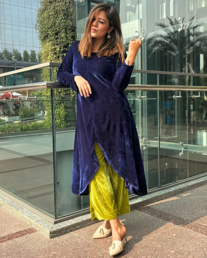 Navy Asymmetrical Velvet Kurta For Women