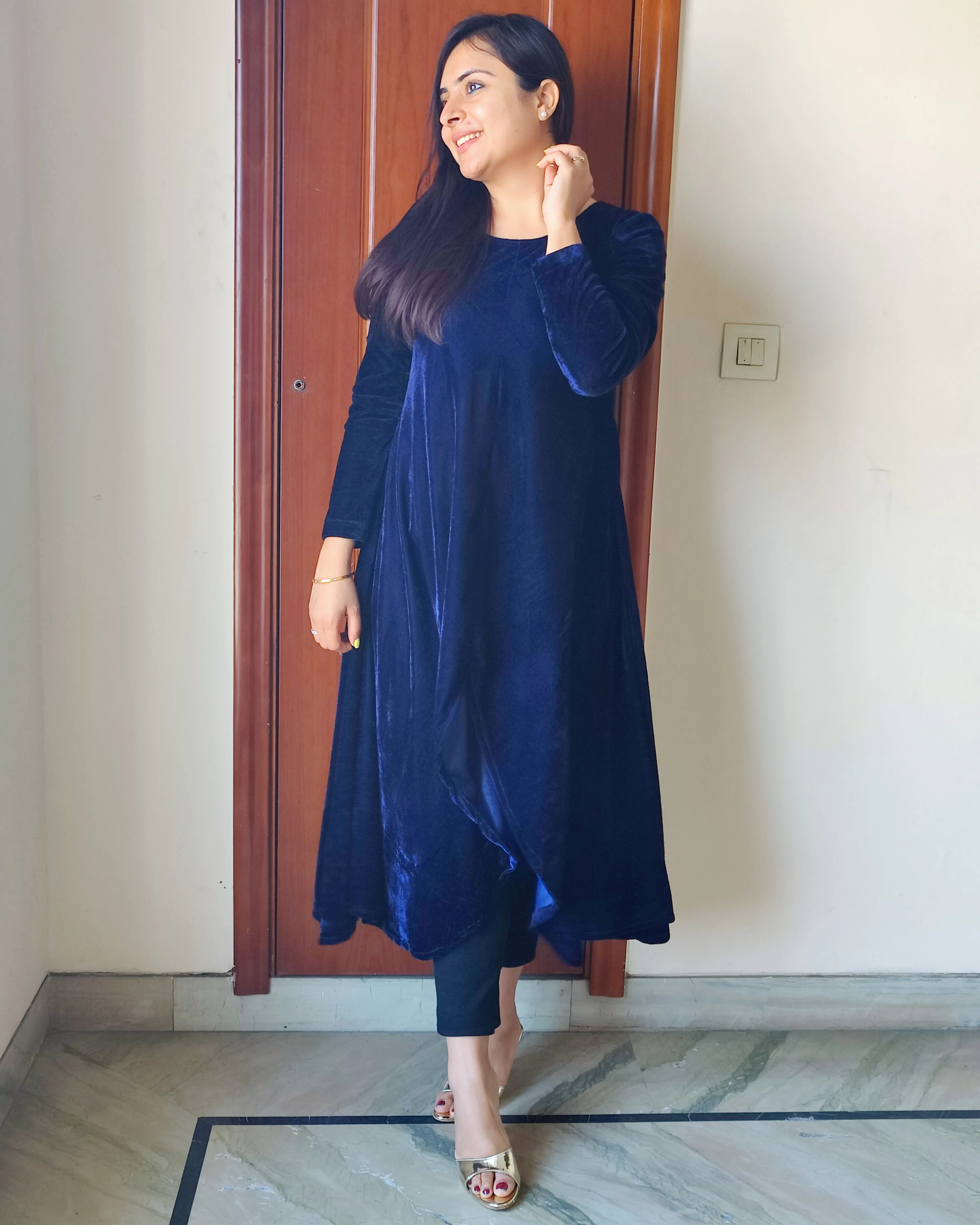 Navy Asymmetrical Velvet Kurta For Women