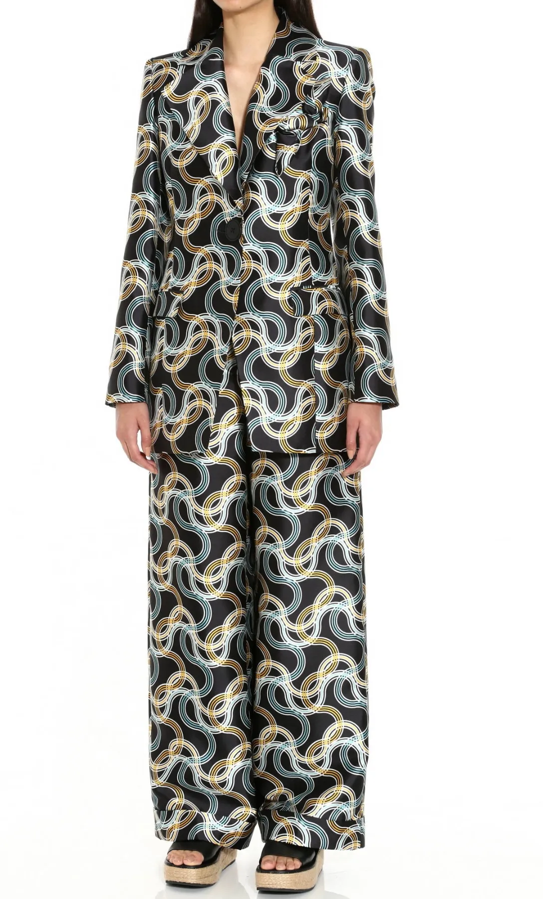 Pasta Print Silk Mikado Trousers in Black