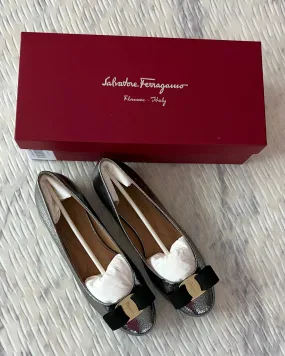 Salvatore Ferragamo Pewter Metallic Varina Flats