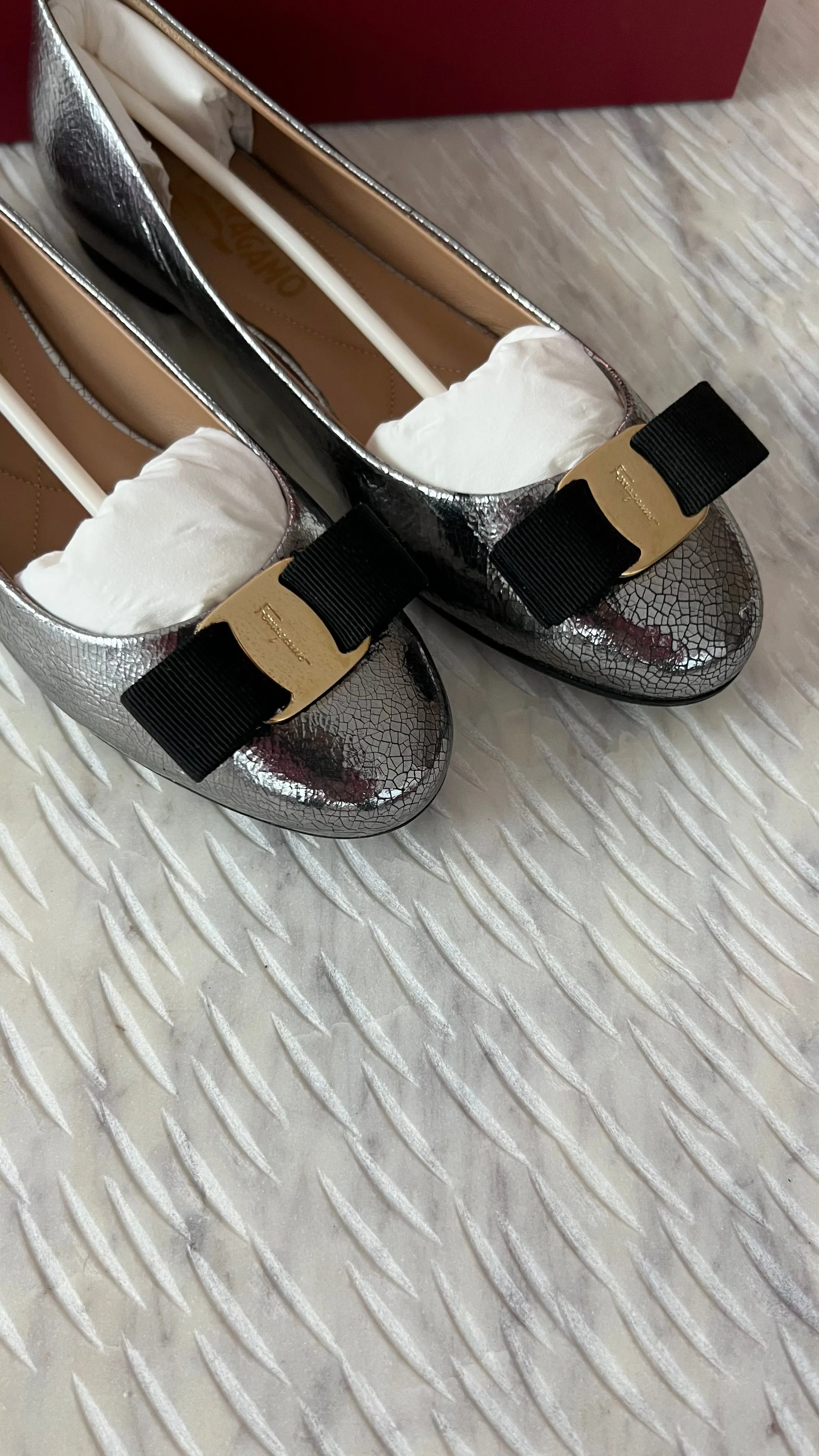 Salvatore Ferragamo Pewter Metallic Varina Flats