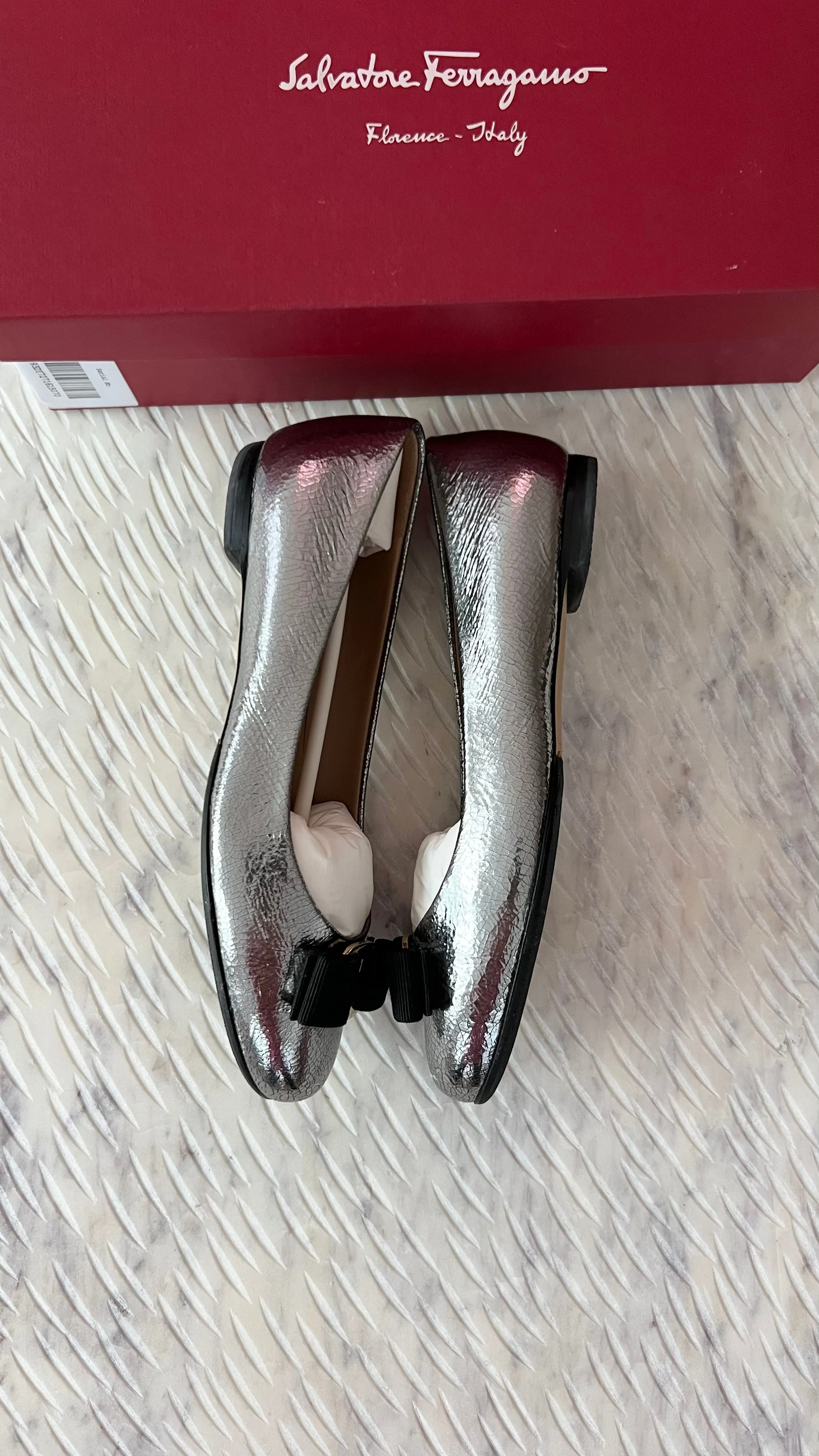 Salvatore Ferragamo Pewter Metallic Varina Flats