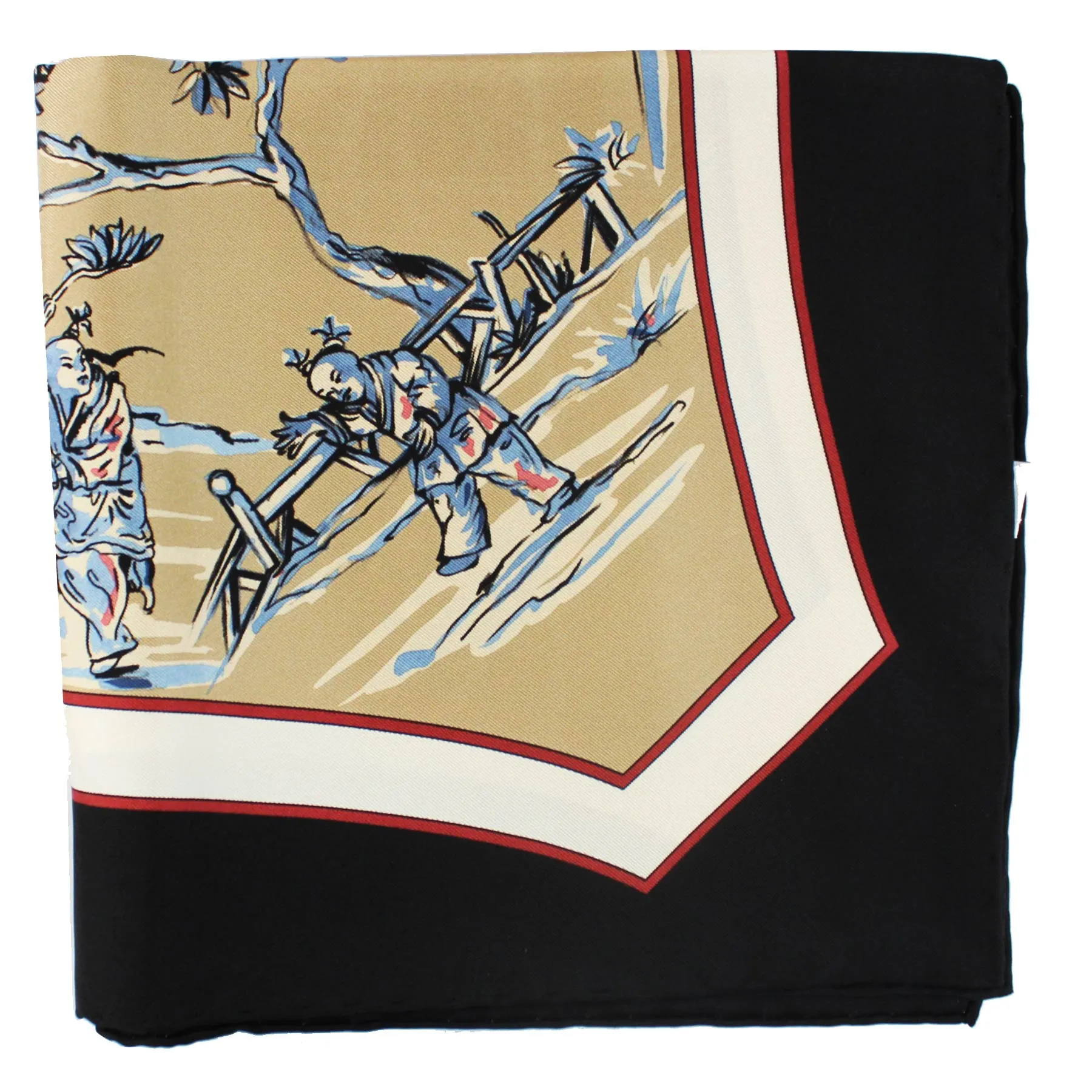 Salvatore Ferragamo Scarf Dark Blue Brown Taupe Japanese Garden - Twill Silk Foulard SALE