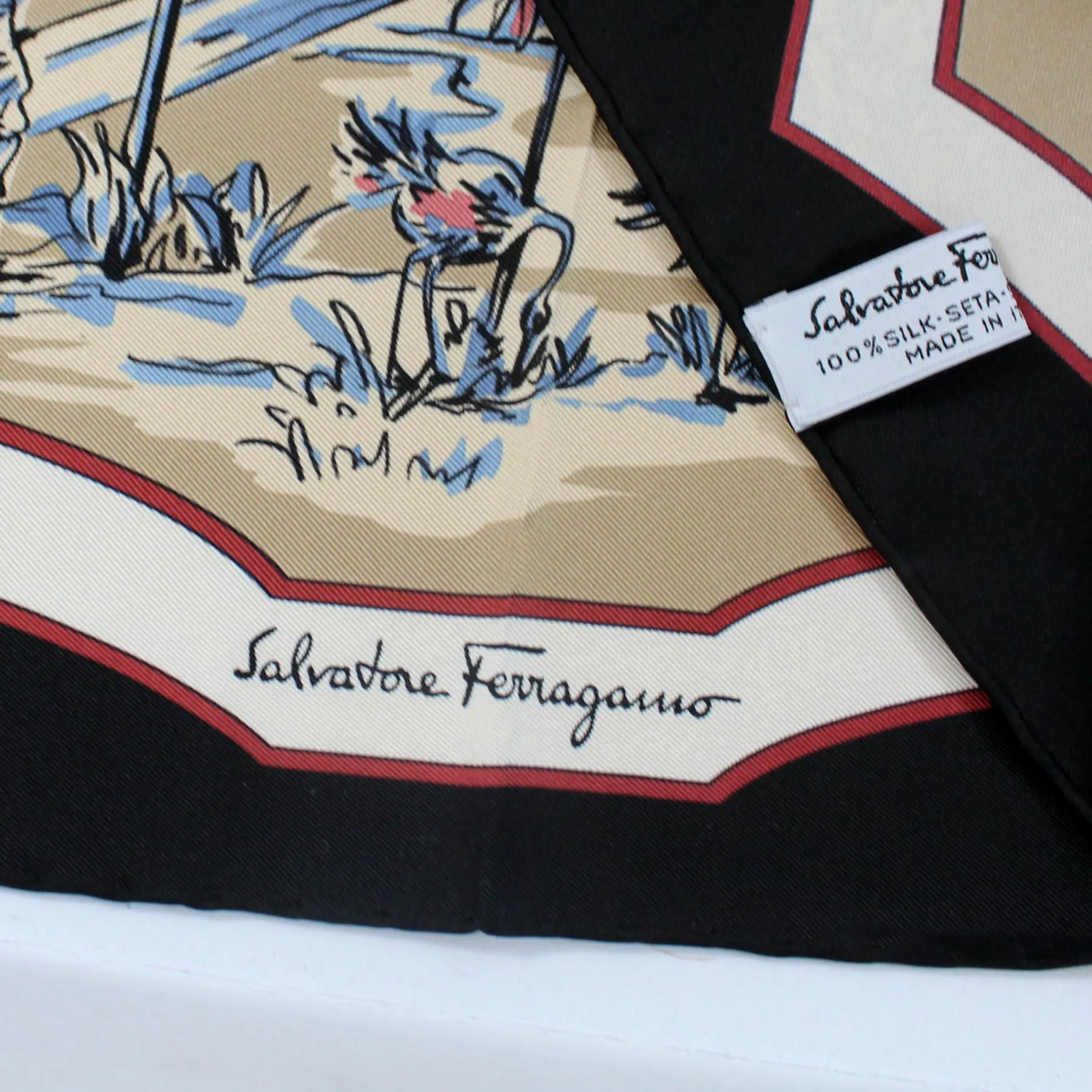 Salvatore Ferragamo Scarf Dark Blue Brown Taupe Japanese Garden - Twill Silk Foulard SALE