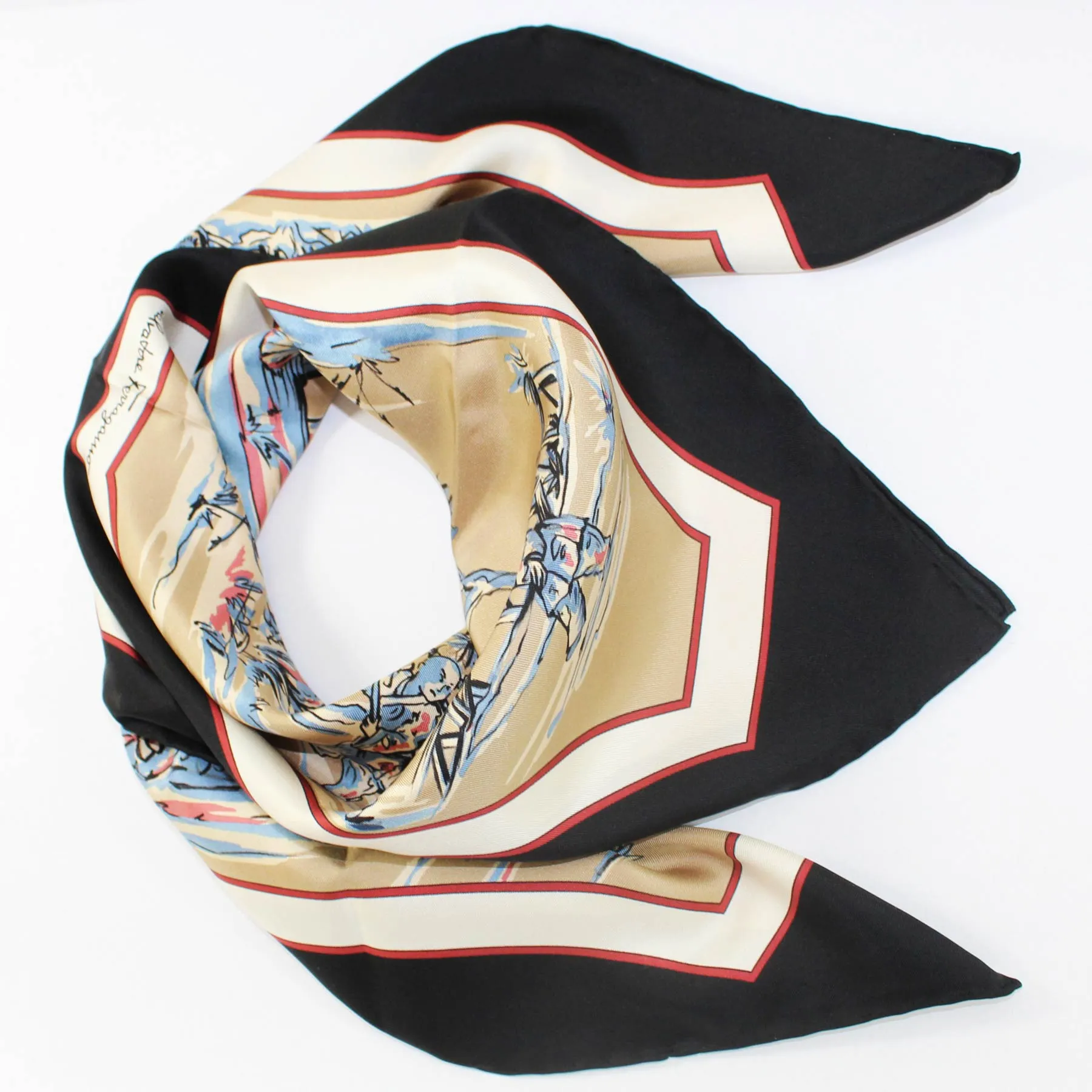 Salvatore Ferragamo Scarf Dark Blue Brown Taupe Japanese Garden - Twill Silk Foulard SALE