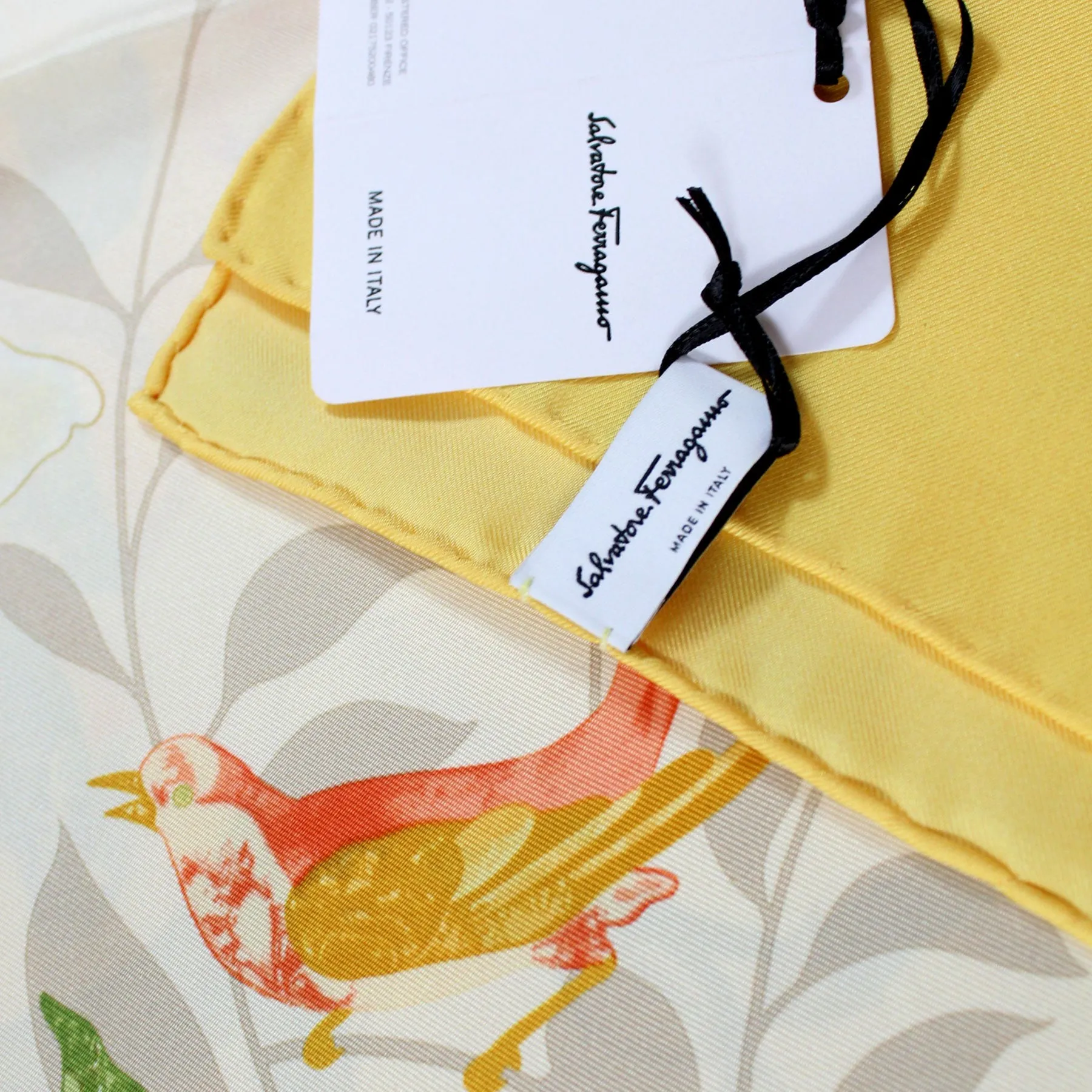 Salvatore Ferragamo Silk Scarf Yellow Bird & Floral - Twill Silk Square Foulard