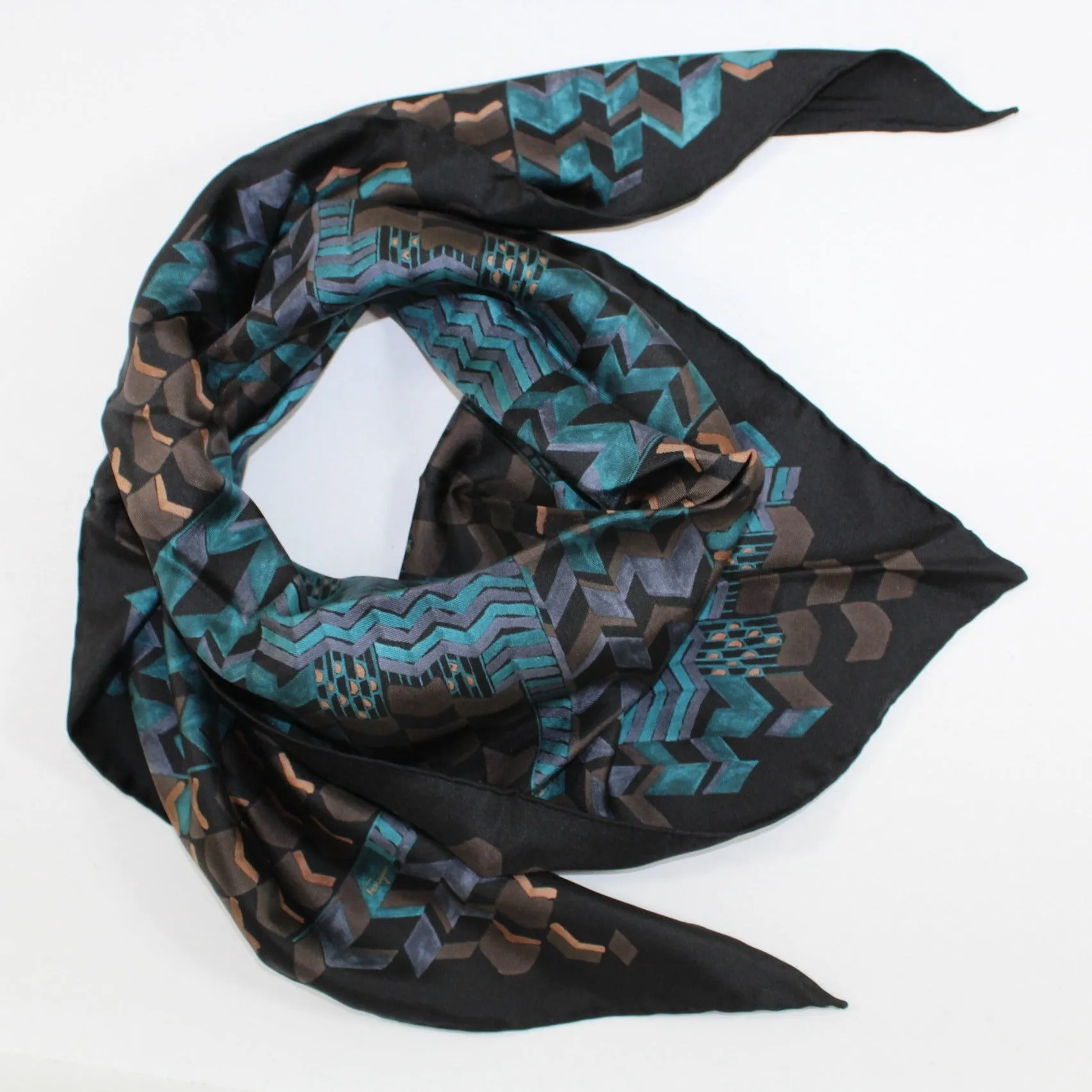 Salvatore Ferragamo Triangle Shape Scarf Black Petrol Coffee FINAL SALE