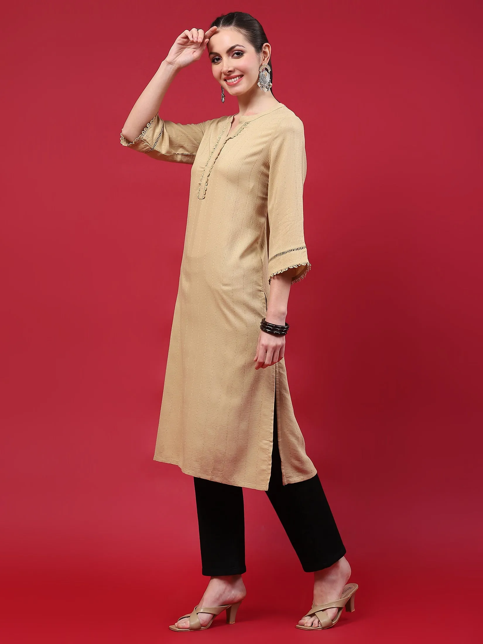 Women Beige Solid Kurta