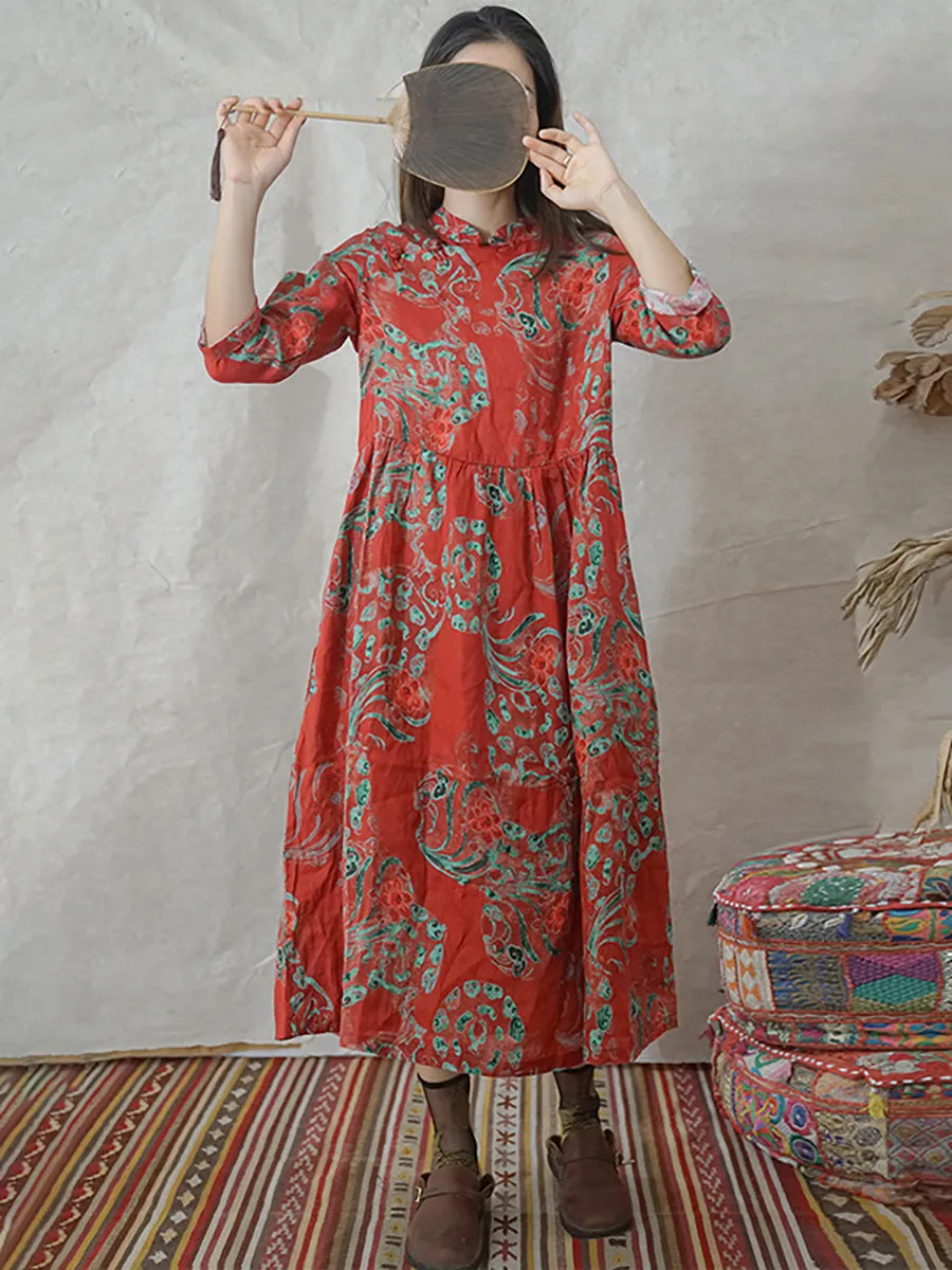 Women Linen Vintage Printed Floral Dress