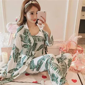 Women's 3 Pajamas Leaf Print Camouflage and Trousers Pajama Set S3574173