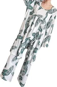 Women's 3 Pajamas Leaf Print Camouflage and Trousers Pajama Set S3574173